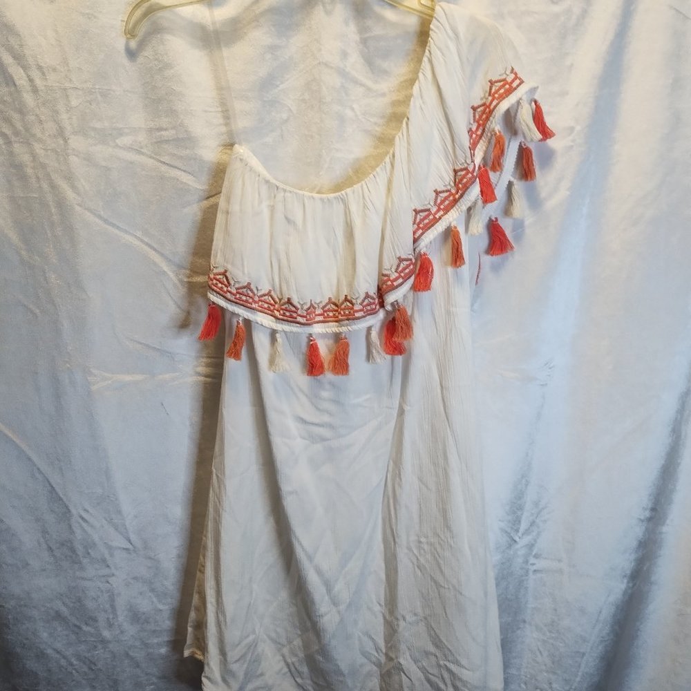 Lily Rose White One-Shoulder Dress with Orange Tassel Trim